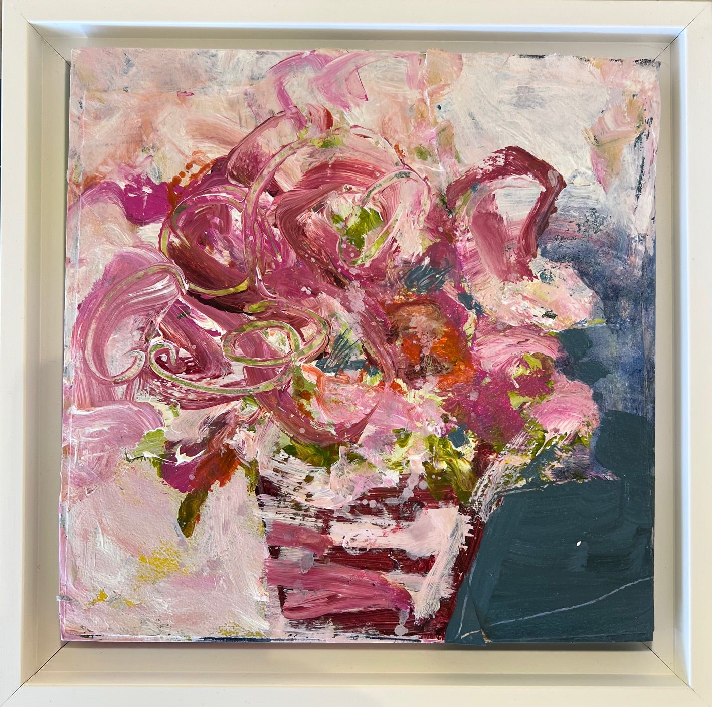 Pink Pot O' Flowers, mixed media collage 8" x 8"