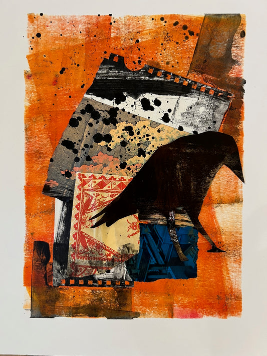 Crow in Orange, Fine Art Print, 12" x 9"