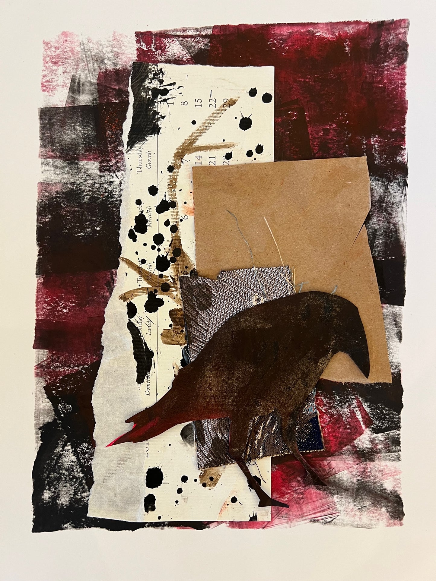 Crow with torn calendar, mixed media collage, 12" x 9"