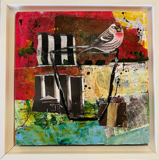 Red with Bird, mixed media collage, 8"x8"
