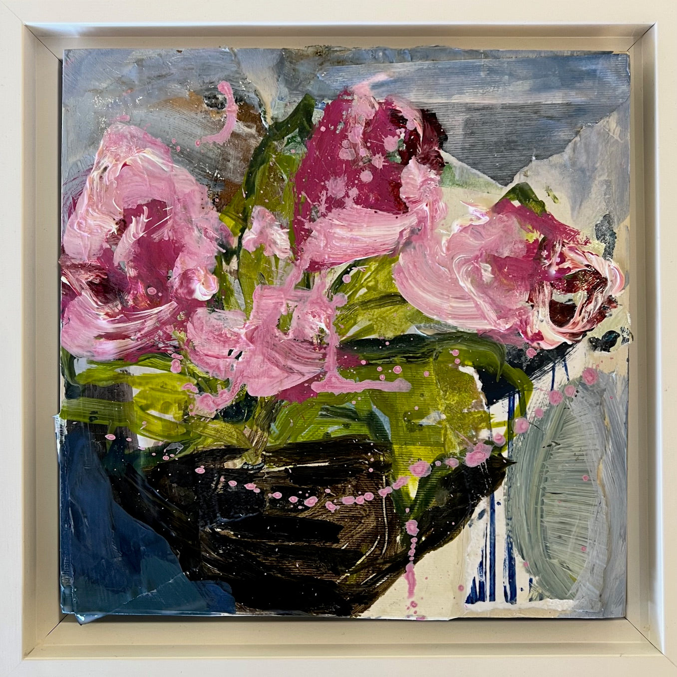 Brown Pot Pink Flowers, mixed media collage, 8" x 8"