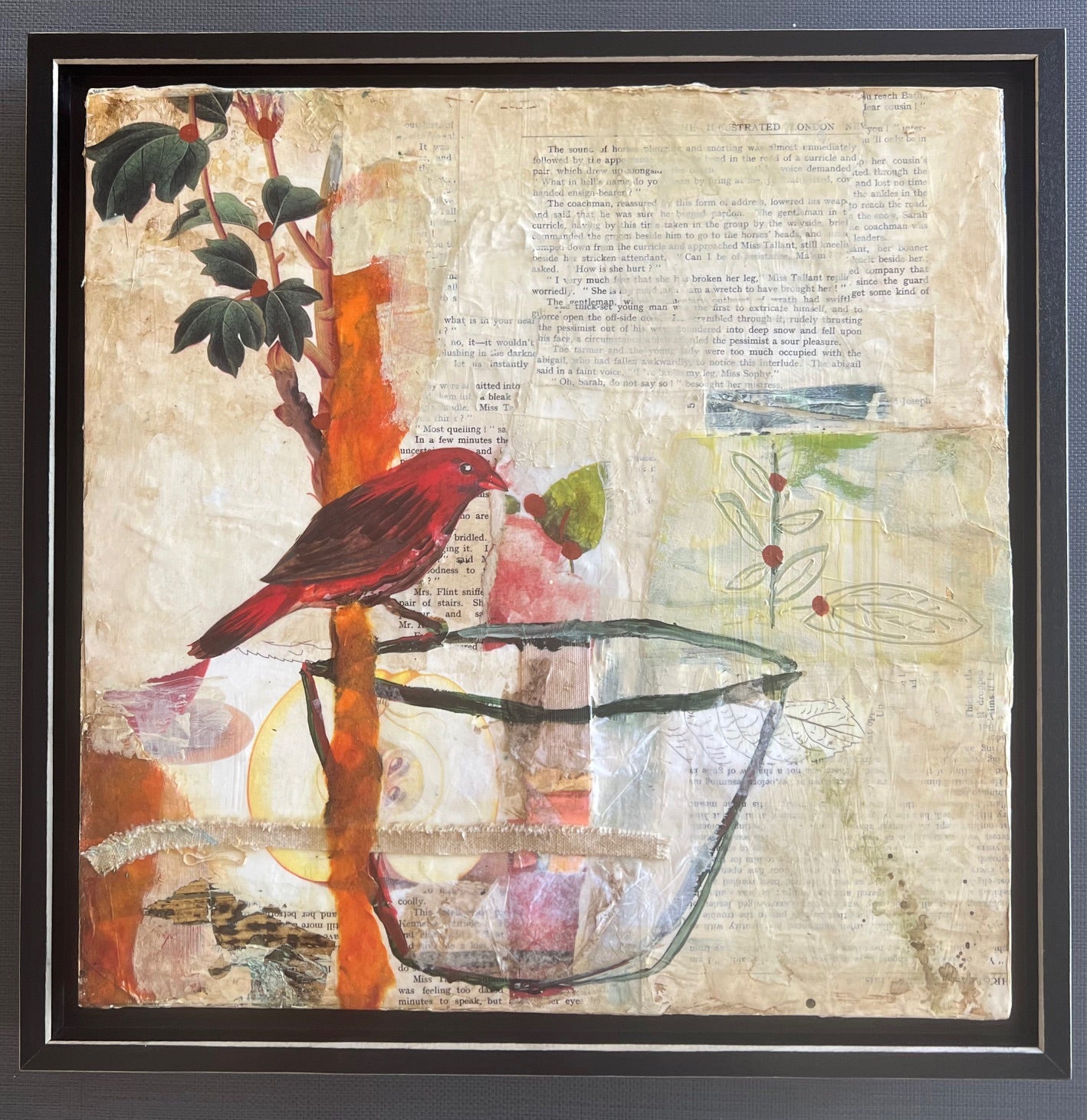 Red Bird 12" x 12" Mixed media collage in frame