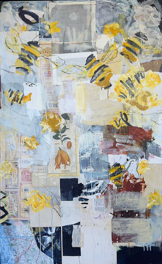 Raw Honey 58” x 36” mixed media collage framed in neutral metal finish