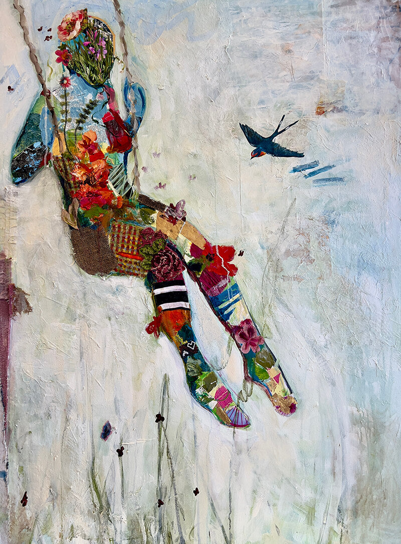 Playtime 48” x 36” acrylic, needlepoint, fabric, collage